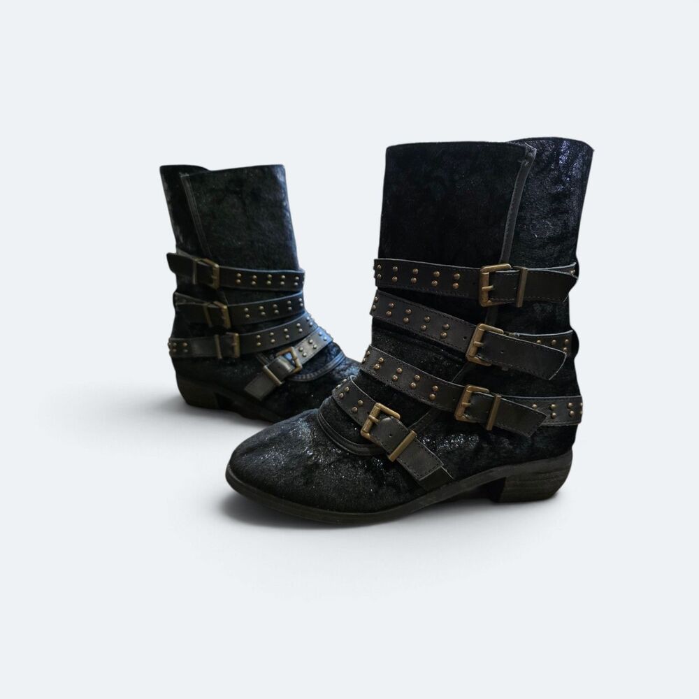 Joyfolie Taylor Black Velvet Leather Multi Strap Studded Buckle Boots Size 7